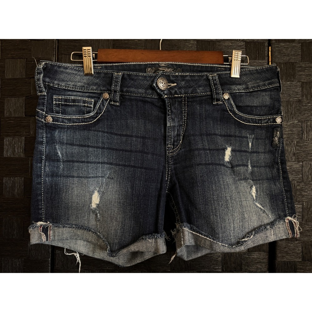 Silver Jeans Co Camden Rose Dark Wash Distressed Denim Cuffed Shorts Womens 31